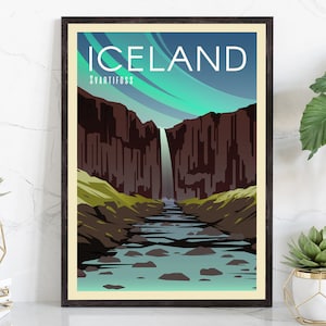 Retro Style Travel Poster, Iceland Vintage Rustic Poster Print, Home Wall arts, National Parks, Black Waterfall Svartifoss, Country Poster