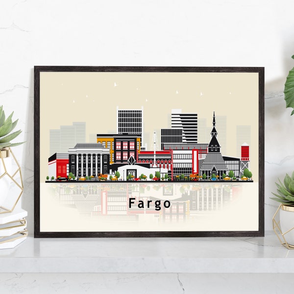 FARGO NORTH DAKOTA Illustration skyline poster, Texas state modern skyline cityscape poster, Landmark art print, Home wall decoration