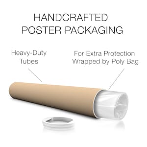 May include: A poster is rolled up inside a heavy-duty cardboard tube. The poster is wrapped in a clear plastic bag for extra protection. "HANDCRAFTED POSTER PACKAGING" is written at the top of the image. "Heavy-Duty Tubes" is written above the tube. "For Extra Protection Wrapped by Poly Bag" is written above the plastic bag.