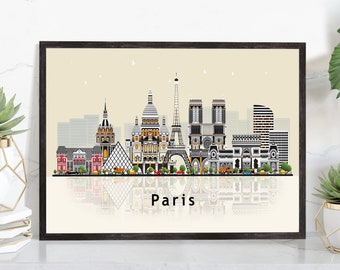 PARIS FRANCE Illustration skyline poster, Modern skyline cityscape poster print, Paris landmark map poster, Home wall art decoration