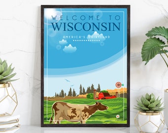 Retro Style Travel Poster, Wisconsin Vintage Rustic Poster Print, Home Wall Art, Office Wall Decors, Posters, Wisconsin, State Map Poster