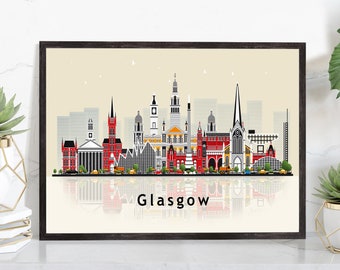 Pode incluir: Uma ilustração colorida do horizonte de Glasgow com o nome da cidade na parte inferior. A ilustração apresenta vários edifícios, incluindo uma igreja, uma torre do relógio e uma alta torre.