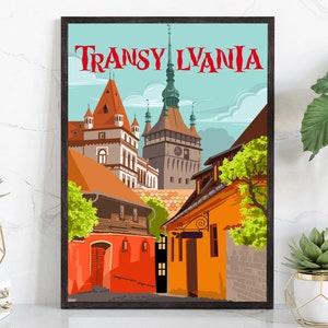 TRANSYLVANIA retro travel poster, Transylvania cityscape poster, Romania landmark poster wall art, Home wall art, Office wall decorations