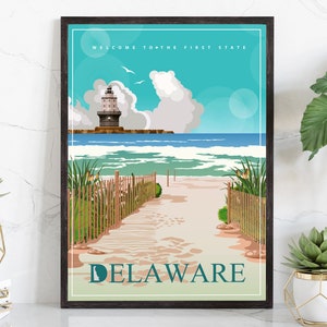 Retro Style Travel Poster, Delaware Vintage Rustic Poster Print, Home Wall Art, Office Wall Decor, Posters, Delaware, State Map Poster