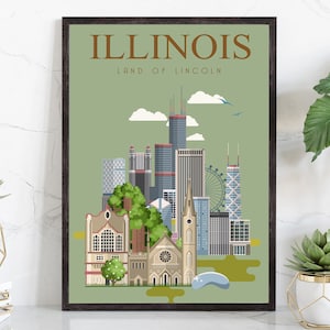 Retro Style Travel Poster, Illinois Vintage Rustic Poster Print, Home Wall Art, Office Wall Decor, Posters, Illinois, State Map Poster Print