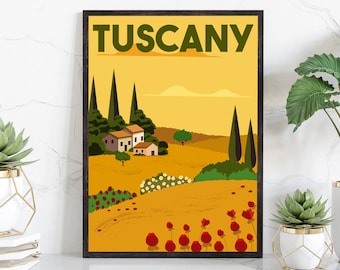 May include: A vintage travel poster with the word "Tuscany" in green letters on a yellow background. The poster depicts a stylized landscape with rolling hills, a small village, and cypress trees.