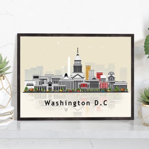 May include: A black and white illustration of the Washington D.C. skyline with a beige background. The skyline includes the Washington Monument, the Capitol Building, and other notable landmarks. The text "Washington D.C." is printed below the skyline.