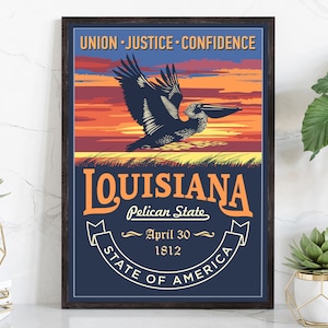 United States Poster, Louisiana State Poster Print, Louisiana State Emblem Poster, Retro Travel State Poster, Home Wall Art, Office Wall Art