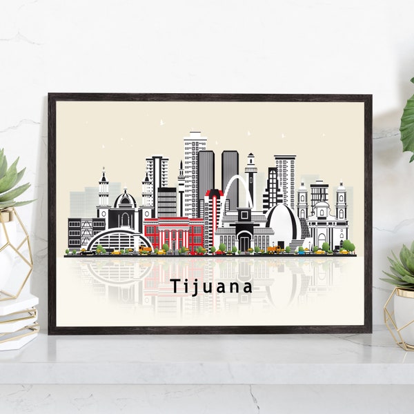 TIJUANA MEXICO Illustration skyline poster, Modern skyline cityscape poster, Mexico city skyline landmark map poster, Home wall decoration