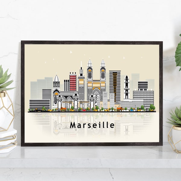 MARSEILLE FRANCE Illustration skyline poster, Modern skyline cityscape poster print, France landmark map poster, Home wall art decoration