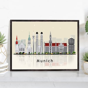 MUNICH GERMANY Illustration skyline poster, Modern skyline cityscape poster print, Munich landmark map poster, Home wall art decoration