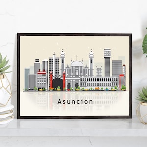 May include: A black and white illustration of the Asunción skyline, featuring a large church with a dome and several tall buildings. The city name, "Asunción", is written in black at the bottom of the image.