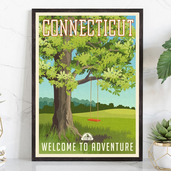Retro Style Travel Poster, Connecticut Vintage Rustic Poster Print, Home Wall Art, Office Wall Decor, Posters, Connecticut, State Map Poster