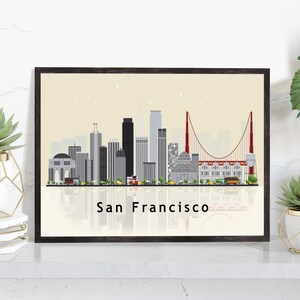 SAN FRANCISCO California Illustration skyline poster, California modern skyline cityscape poster print, Landmark map poster, Home wall art
