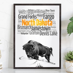 Retro Style Travel Poster, North Dakota Vintage Rustic Poster Print, Home Wall Art, Office Wall Decor, North Dakota, State Map Posters