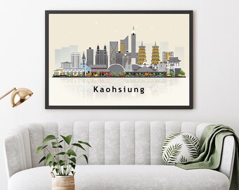 KAOHSIUNG  Illustration skyline poster, Modern skyline cityscape poster, Taiwan city skyline landmark map poster, Home wall decorations