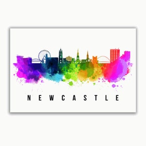 May include: A watercolor painting of the Newcastle skyline with a rainbow color scheme. The skyline includes the Tyne Bridge, the Millennium Bridge, and the iconic Tyne Bridge.