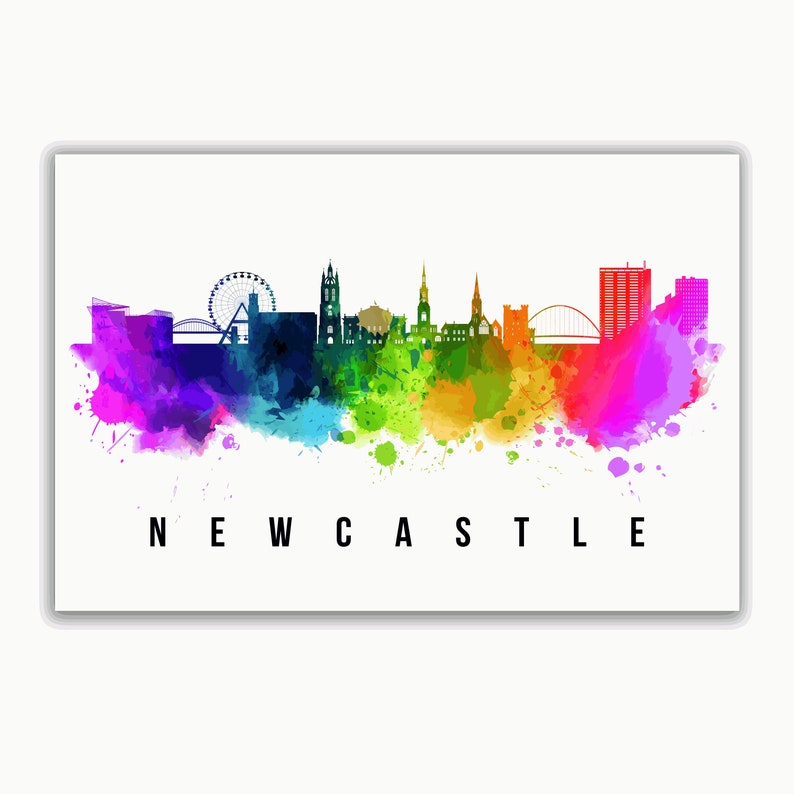 May include: A watercolor painting of the Newcastle skyline with a rainbow color scheme. The skyline includes the Tyne Bridge, the Millennium Bridge, and the iconic Tyne Bridge.