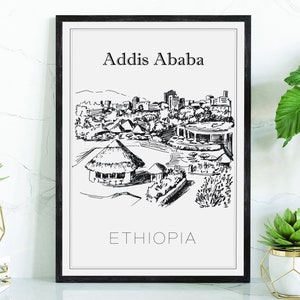Hand Drawn Poster, Addis Ababa Travel Poster, Ethiopia Poster Wall Art, Addis Ababa Cityscape and Landmark Map, City Poster For Home