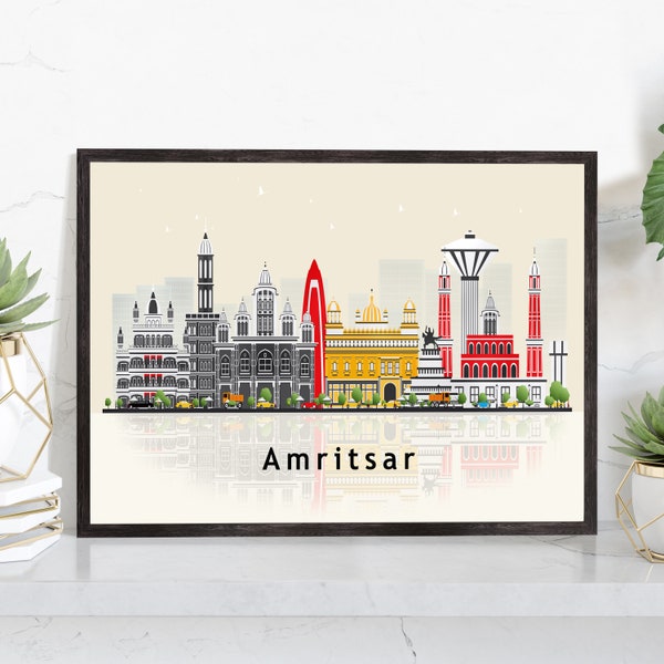 AMRITSAR INDIA Illustration skyline poster, Modern skyline cityscape poster, India city skyline landmark map poster, Home wall decoration