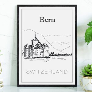 Hand Drawn Poster, Bern Travel Poster, Switzerland Poster Wall Art, Bern Cityscape and Landmark Map, City Map Poster For Home and Office