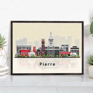 PIERRE SOUTH DAKOTA Illustration skyline poster, South Dakota modern skyline cityscape poster print, Landmark map poster, Home wall art
