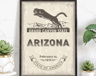 Arizona State Symbol Poster, Arizona State Poster Print, Arizona State Emblem Poster, Retro Travel State Poster, Home and Office Wall Art