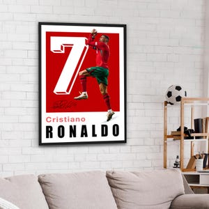 May include: A red and white poster with a photo of Cristiano Ronaldo celebrating a goal. The poster features the number 7 in large white font and the text "Cristiano Ronaldo" in black font.