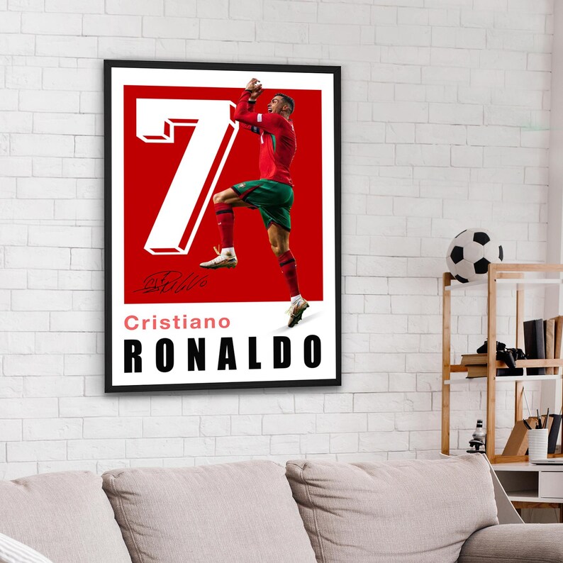 May include: A red and white poster with a photo of Cristiano Ronaldo celebrating a goal. The poster features the number 7 in large white font and the text "Cristiano Ronaldo" in black font.