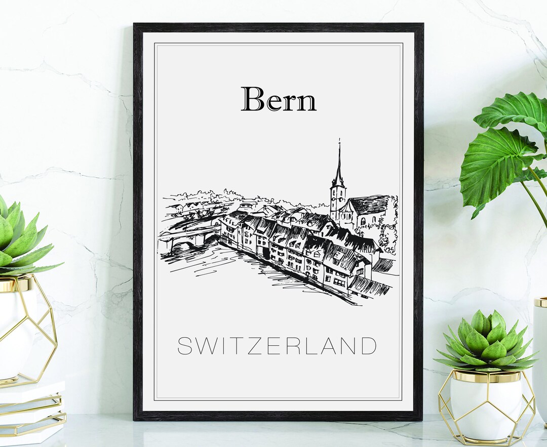 Hand Drawn Poster, Bern Travel Poster, Switzerland Poster Wall Art