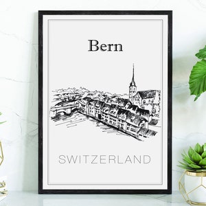 Hand Drawn Poster, Bern Travel Poster, Switzerland Poster Wall Art, Bern Cityscape and Landmark Map, City Map Poster For Home and Office