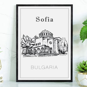 May include: Black and white line drawing of a church in Sofia, Bulgaria. The drawing is framed in a black frame and has a white background.