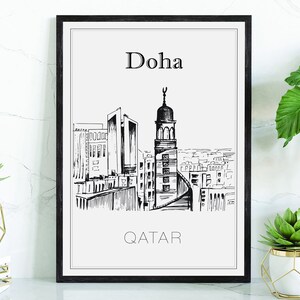 Hand Drawn Poster, Doha Travel Poster, Qatar Doha Poster Wall Art, Doha Cityscape and Landmark Map, City Map Poster For Home and Office