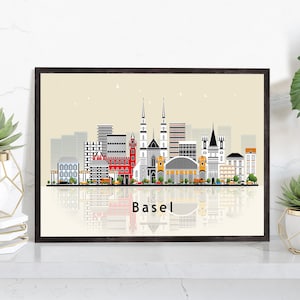 BASEL SWITZERLAND Illustration skyline poster, Modern skyline cityscape poster print, Basel landmark map poster, Home wall decoration