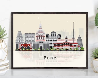 PUNE INDIA Illustration skyline poster, Modern skyline cityscape poster, India city skyline landmark map poster, Home wall decoration
