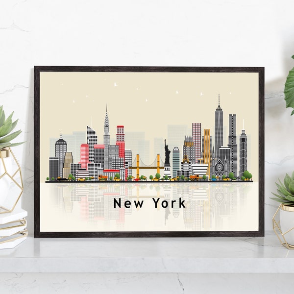 NEW YORK New York Illustration skyline poster, New York modern skyline cityscape poster print, Landmark poster, Home wall art decoration