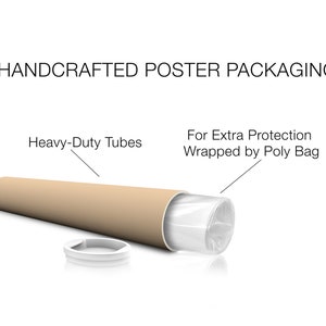 May include: A brown cardboard tube with a white plastic end cap. The tube is wrapped in a clear plastic bag. The text "Heavy-Duty Tubes" is above the tube and the text "For Extra Protection Wrapped by Poly Bag" is above the plastic bag. The text "HANDCRAFTED POSTER PACKAGING" is at the top of the image.