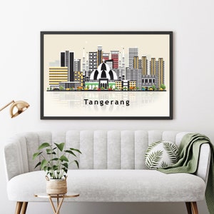 May include: A black framed print of a cityscape with a mosque in the center. The skyline is in shades of black, white, and yellow. The print has the word "Tangerang" at the bottom.