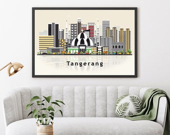 TANGERANG JAVA INDONESIA Illustration skyline poster, Modern skyline cityscape poster, City skyline landmark map poster, Home wall art