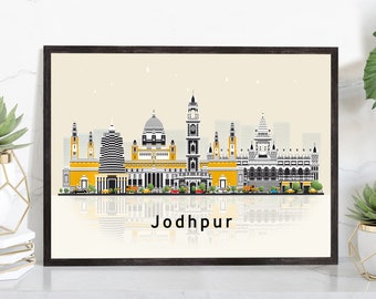 JODHPUR INDIA Illustration skyline poster, Modern skyline cityscape poster, India city skyline landmark map poster, Home wall decoration