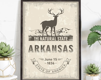 Arkansas State Symbol Poster, Arkansas State Poster Print, Arkansas State Emblem Poster, Retro Travel State Poster, Home and Office Wall Art