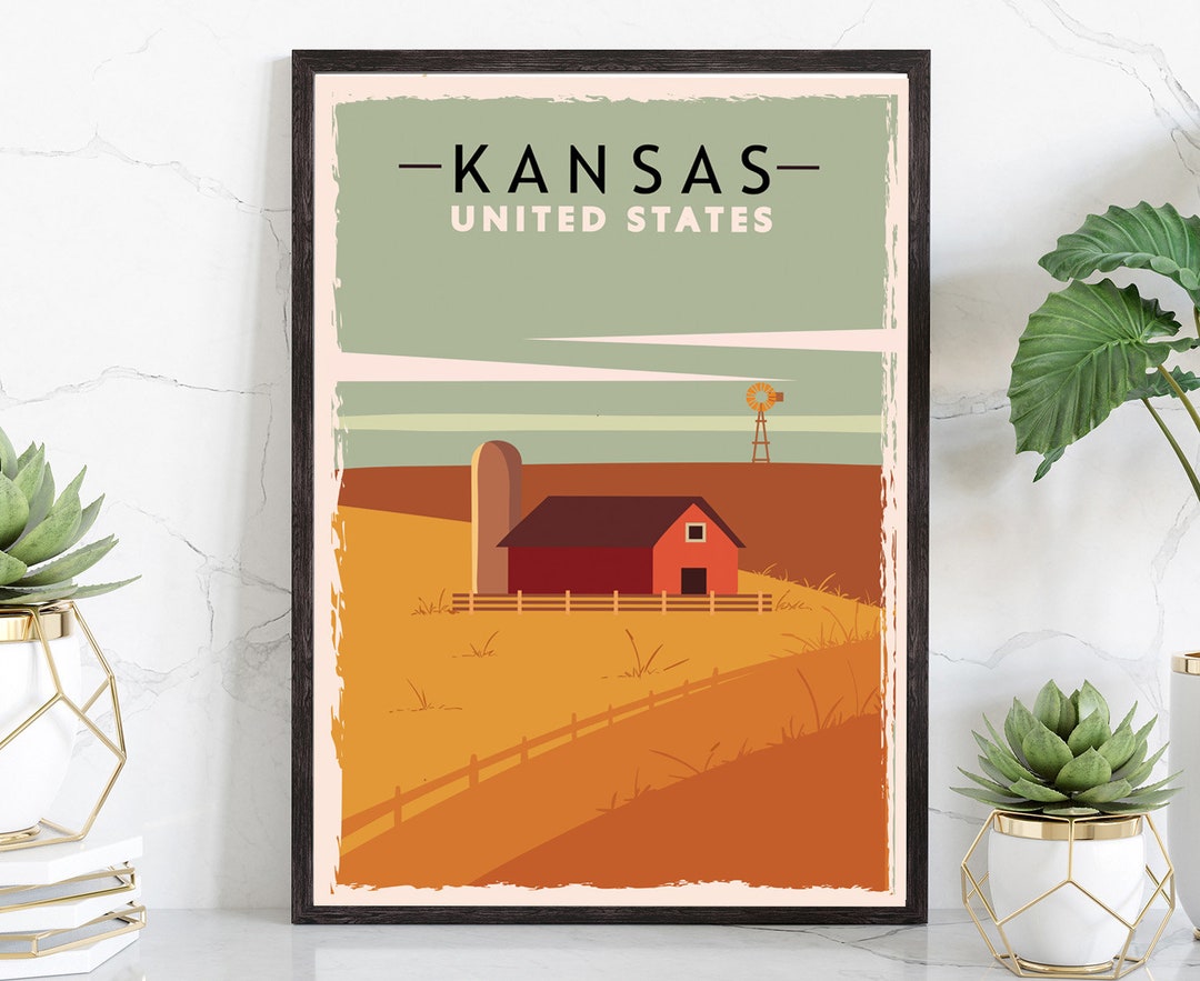 Retro Style Travel Poster, Kansas Vintage Rustic Poster Print, Home