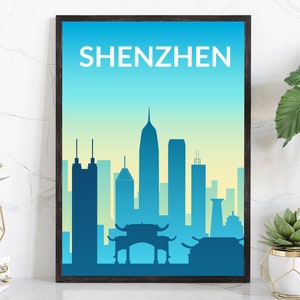 Solid Color World City Poster, Shenzhen Solid Color Modern Poster Print, China Shenzhen Modern City Poster, Office  Home Wall Decoration