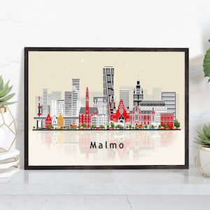 May include: A black and white illustration of the Malmö skyline with red accents. The city's name is written in red at the bottom of the image.