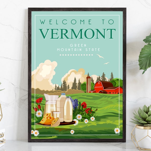 Retro Style Travel Poster, Vermont Vintage Rustic Poster Print, Home Wall Art, Office Wall Decoration, Posters, Vermont, State Map Poster