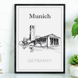 Hand Drawn Poster, Munich Travel Poster, Germany Poster Wall Art, Munich Cityscape and Landmark Map, City Map Poster For Home and Office