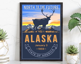 United States Alaska State Poster, Alaska Poster Print, Alaska State Emblem Poster, Retro Travel State Poster, Home and Office Wall Art