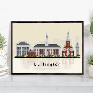 BURLINGTON VERMONT Illustration skyline poster, Vermont State modern skyline cityscape poster, Landmark art print, Home decoration idea