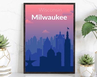 Solid Color US Cities Poster, Wisconsin Milwaukee Solid Color Modern Poster Print, Modern State Poster for Office and Home Decoration