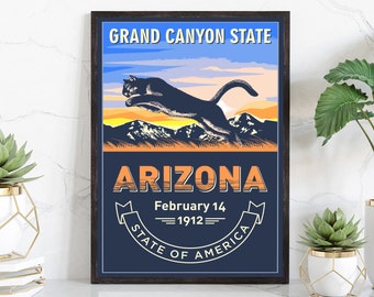 United States Arizona State Poster, Arizona Poster Print, Arizona State Emblem Poster, Retro Travel State Poster, Home and Office Wall Art